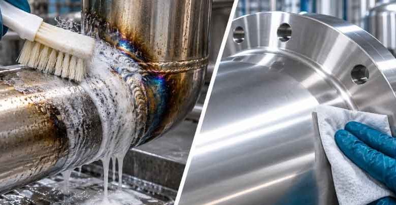 مقایسه فرآیند اسیدشویی و پسیواسیون استیل، نمایش پاک‌سازی آثار اکسیداسیون و تغییر رنگ جوش از سطح لوله استنلس استیل و آماده‌سازی سطح براق و مقاوم در برابر خوردگی